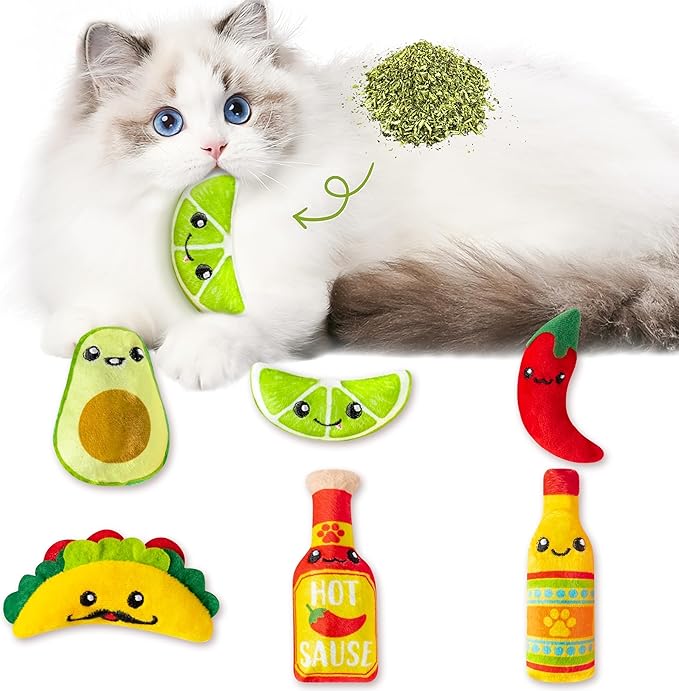 L1rabe Mexican Catnip Stuffed Toys - 6P Black Cat Appreciation Day Carnival Funny Cat Toys for Cat Lovers Gifts, Cute Taco Hot Sause Avocado Lime Indoor Kitten Chew Bite Kick Interactive Pet Supplies by L1rabe