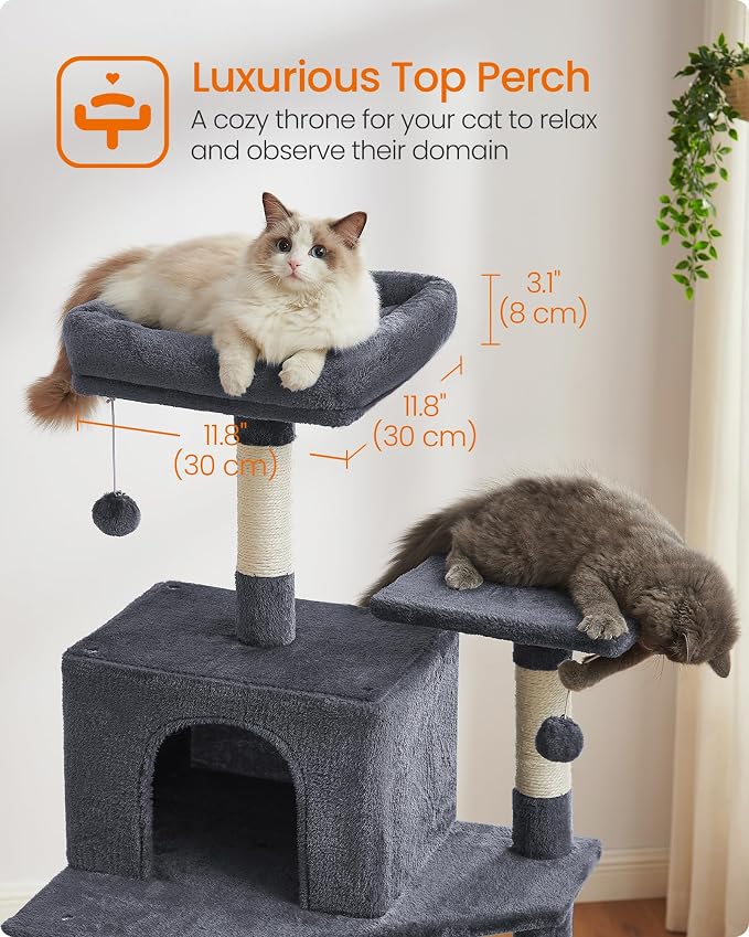 Feandrea Cat Tree, 73.2-Inch Tall Cat Tower, Plush Multi-Level Condo with 5 Scratching Posts, 2 Perches, 2 Caves, Hammock, 2 Pompoms, Smoky Gray UPCT191G01 - Image 5