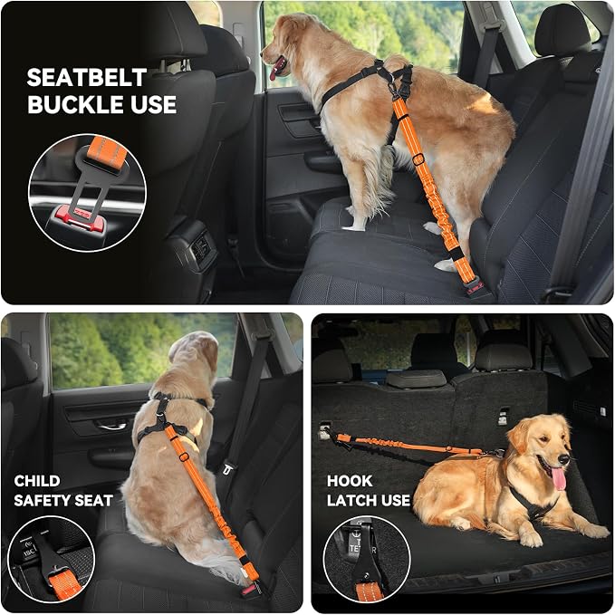 Pawaboo Dog Seat Belt Harness for Car, Seatbelt Harness with 2 in 1 Buckle | Adjustable Breathable Harness for Car, Elastic Reflective Heavy Duty Dog Tether, for Small Medium Large Pets, XXL, Orange - Image 4