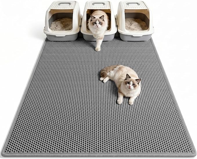 Pieviev Cat Litter Box Mat, Double-Layer Urineproof Design, 47" x 36" Gray | Honeycomb Litter Trapping Mat Captures Scattered Particles to Stop Tracking, Waterproof Base Protects Floors, Easy to Clean by Pieviev