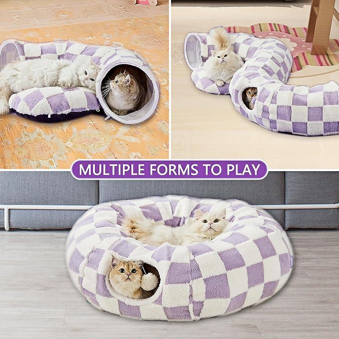 Cat Tunnel Bed with Washable Cushion for Indoor Cat, Donut Cave Tube Toys for Kitten Puppy Rabbit, Purple - Image 4