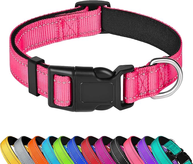 Reflective Dog Collar, Adjustable Soft Neoprene Padded,Hotpink,L | Breathable Nylon for Large Dogs,Tear-Resistant Webbing,Chafe‑Free on Walks and Hikes,Metal D-Ring,Night Safety by PWOD