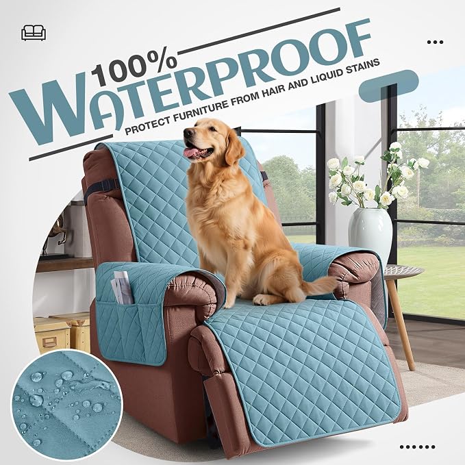 KinCam 100% Waterproof Recliner Chair Covers Washable, 23.6", Light Blue | Anti Slip Reclining Couch Covers for Pets Dog, Recliner Sofa Slipcover Storage Pocket, Furniture Protector with Elastic Strap - Image 3