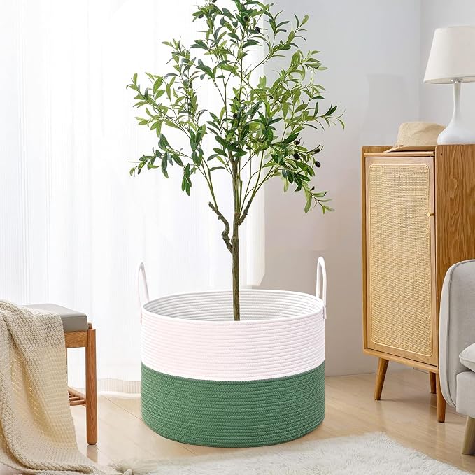67L Large Woven Blanket Basket, Cotton Rope Baby Laundry Hamper with Handles, Kids Toy Basket for Classroom & Nursery, Soft Round Stuffed Animal Storage, Dog Toy Bin - 20"x13", Green - Image 6