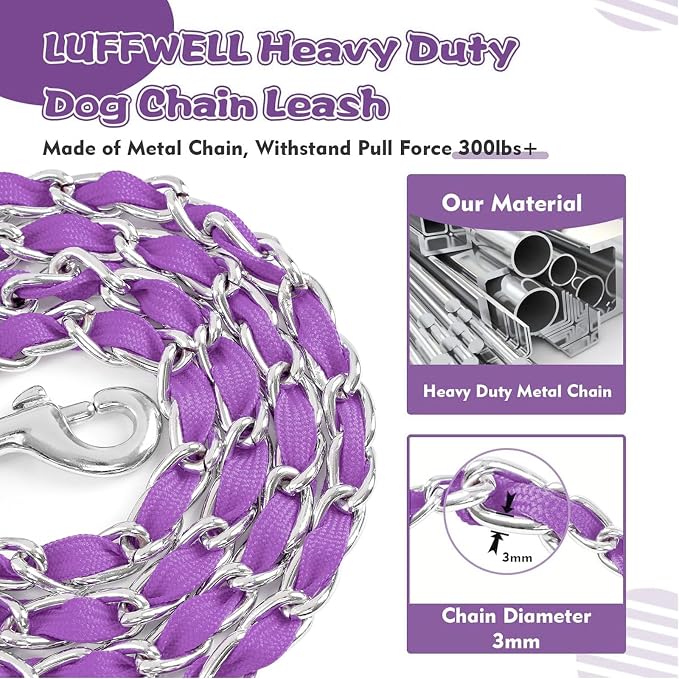 Metal Chain Dog Leash Chew Proof for Dogs, Purple, 3.0mm, 4FT | Close Control for Training and Busy Areas, Chew Resistant Chain, Padded Handle, Swivel Clip - Image 2