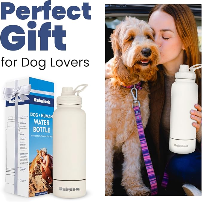 Rubyloo Dog Water Bottle with Detachable Bowl for Dog Lovers, Solid Cream | 32oz Insulated Stainless Steel Bottle, 8oz Detachable Bowl, Leak-Proof Lid, BPA-Free, Hiking, Walking, Travel, Gift - Image 5