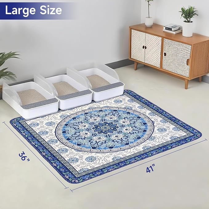 Cat Litter Mat, Reusable Kitty Litter Trapping Mat 2 PCs, 41"x36" Washable Litter Mats for Cats, Waterproof & Non-Slip Compatible with Cat Box (Indigo Blue Medallion, 41"x36"(2 PCS)) - Image 2