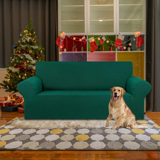 KEKUOU Stretch Loveseat Couch Cover, 2 Cushion Couch Slipcover,Hunter | 1-Piece Washable Sofa Cover Pet Friendly (55"-78") Furniture Protector Soft Jacquard, Elastic Bottom for Dogs & Kids - Image 2