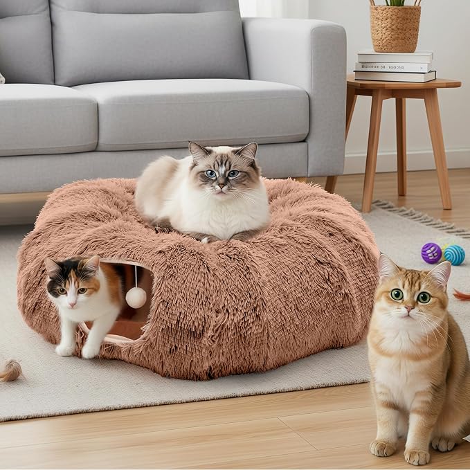 DUMOS Cat Tunnel Bed for Indoor Cats, Cave Donut Play Tunnel, Modern Brown | Soft Plush Peekaboo, Washable Circle Cushion, Multifunctional Playground Under Tree Toys for Kittens, Puppy, Rabbit, Ferret - Image 2