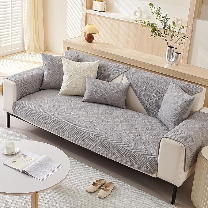 vctops Boho Cotton Quilted Sofa Couch Cover Washable Soft Non Slip Sectional Couch Covers Floral Embroidery Sofa Slipcover for Dogs, Children, Pets Furniture Protector (Grey,43"x63") - Image 5