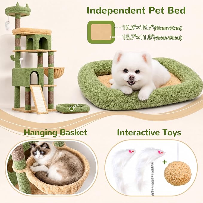 Globlazer Heavy Duty Cactus Cat Tree for Large Cats, Sturdy 72in Maine Coon Cat Tree for Large 20 lbs+ Cactus Cat Tower for Adult Biggest Cats with 6 Scratching Posts, Hammock, S72, Green - Image 4