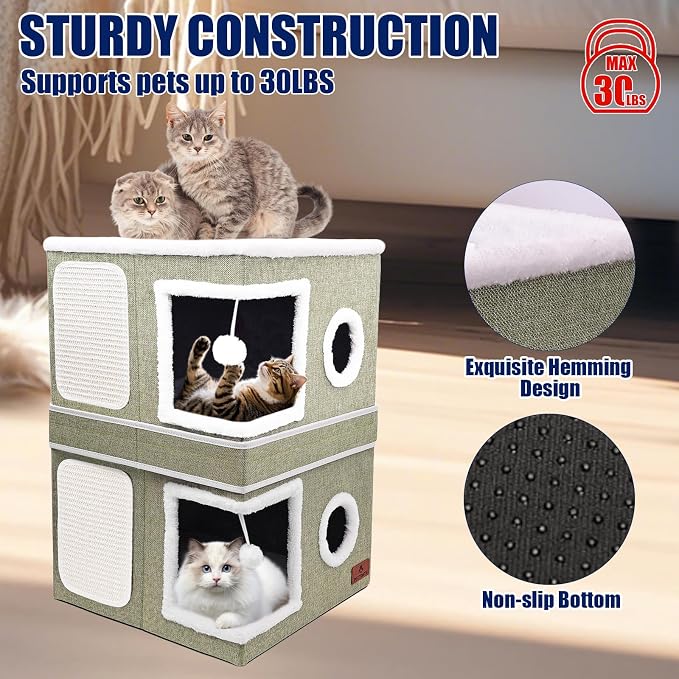 2-Story Cat House for Indoor Cats, Dual-Purpose Cave Bed with Scratch Pad and Fluffy Ball, Foldable Cat Hideaway, Cute Condo Furniture for Multi Small Pet Kitten, Green - Image 4