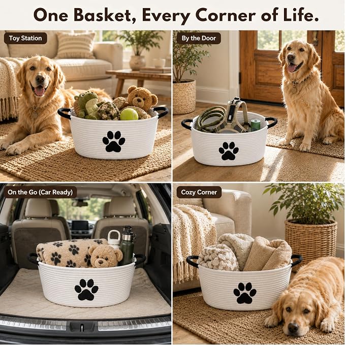 Dog Toy Basket with Handles, Cotton Rope Storage Bin Organizer for Pets | Holds toys, blankets, leashes & dog stuff. Spot clean, collapsible, free-standing woven bin with embroidered paw. - Image 6