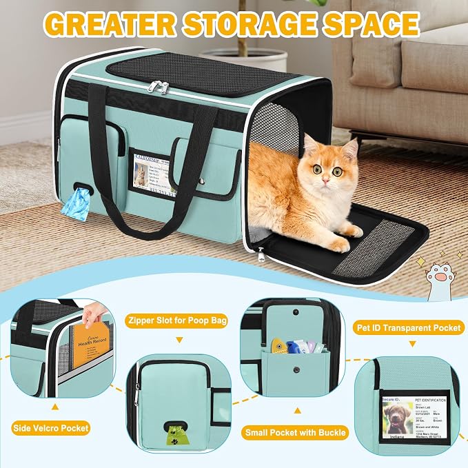 HUANLANG Large Cat Carrier Travel Soft Sided Pet Carrier Airline Approved | Dog Carriers for Small Dogs Medium Cats,Collapsible,3 Storage,zipper lock,Reflective strips,Luggage Strap, Up to 15 Lbs - Image 3