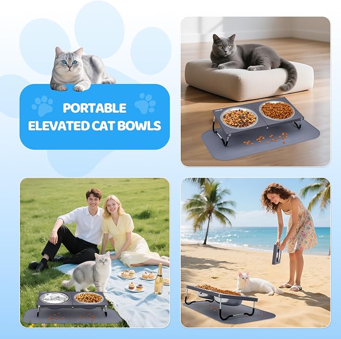 Upgraded Elevated Cat Bowls with Food Mat,10°Tilted Foldable Stand Anti Vomiting Raised Cat Dishes for Food and Water,2 Stainless Steel Bowls for Cats and Puppy(with Mat) - Image 7