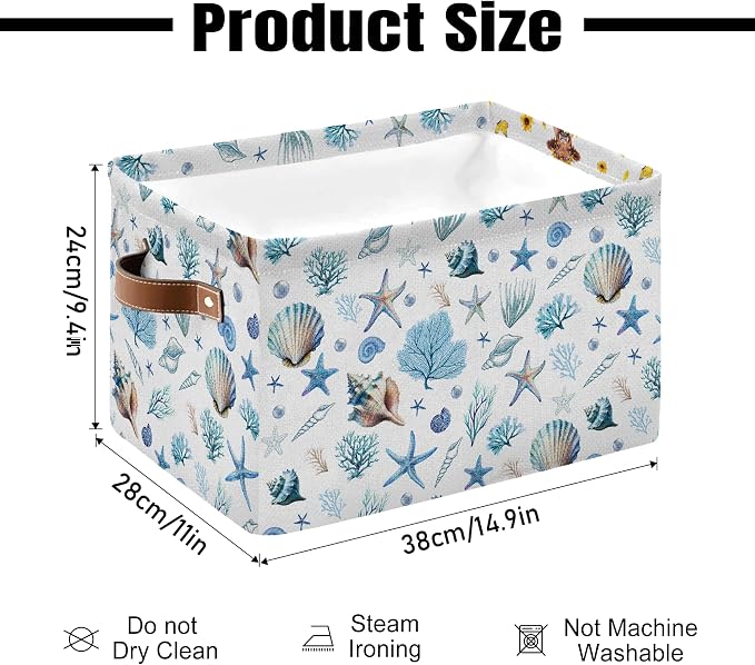 Sea Shells Starfish Rectangle Storage Basket - Ocean Themed Collection Collapsible Storage Baskets with Handles - Ocean Conch Pattern Storages Bin for Kids Clothes, Gifts, Books, Toys - Image 5