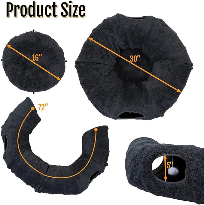 Cat Tunnel Bed with 2 Catnip Fish Toys (1000mg Natural Catnip) Interactive Cat Toys, Cat Tubewith Kitten Toys for Indoor Kittens, Collapsible Play Tunnel, Dark Grey - Image 2
