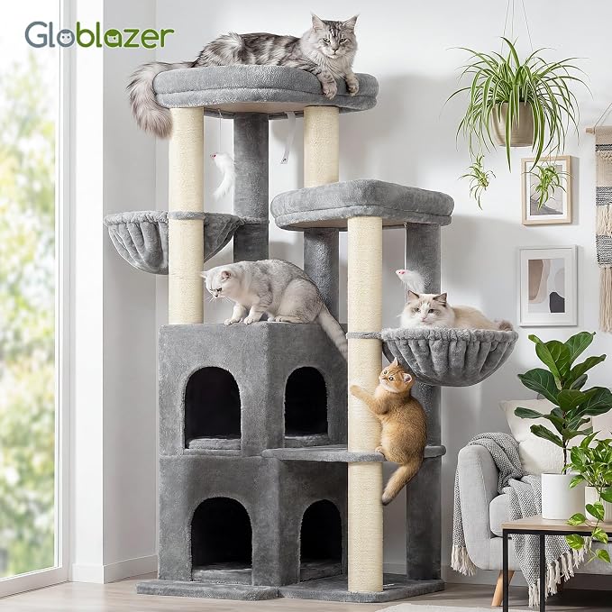 Globlazer Cat Tree Tower for Indoor Cats, Sturdy Adult Cat Tree House for Large Adult Cats with 2 Platform, 6 Cat Scratching Post, 2 Cat Caves, Dangling Toys, S63, 63 inch, Light Grey - Image 7
