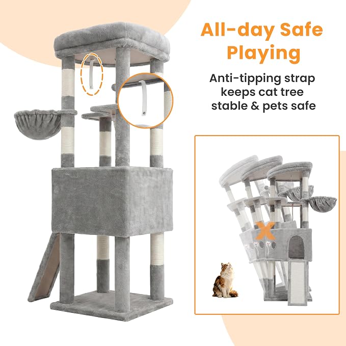 Cat Tree, 61 Inch Tall Cat Tower, Diamond-Shaped Cat Cave VCT001W | Cat Condo with Wide Top Perch & Basket, Sturdy Scratching Post, Interactive Toy for Large Indoor Cats, Light Gray - Image 7