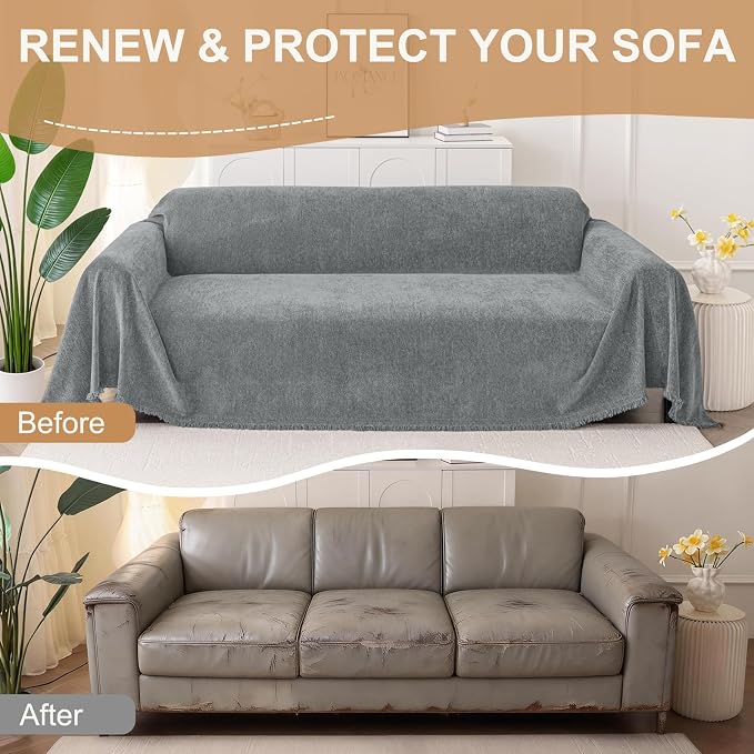 Smiry Couch Cover for Dogs, Chenille Sofa Covers for 3 Cushion Couch | Washable Soft Sofa Slipcover for Pets, Thick Sectional Furniture Protector with Tassels (Grey, 88.5x118 Inch) - Image 8