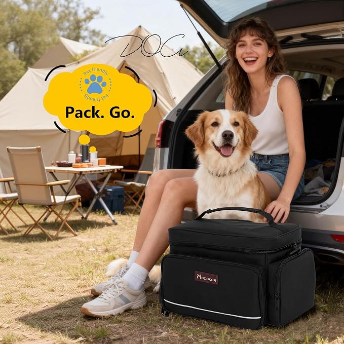 Modoker Large Dog Travel Bag Set with 2 Bowls and Food Bags, 17L Black | Large Pet Travel Organizer with 2 Food Containers, 2 Collapsible Bowls, Feeding Mat, Multiple Pockets and Adjustable Flap - Image 6