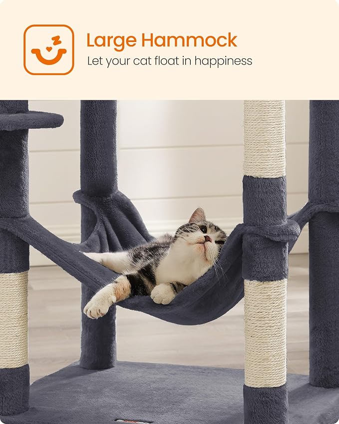 Feandrea Cat Tree, 73.2-Inch Tall Cat Tower, Plush Multi-Level Condo with 5 Scratching Posts, 2 Perches, 2 Caves, Hammock, 2 Pompoms, Smoky Gray UPCT191G01 - Image 8