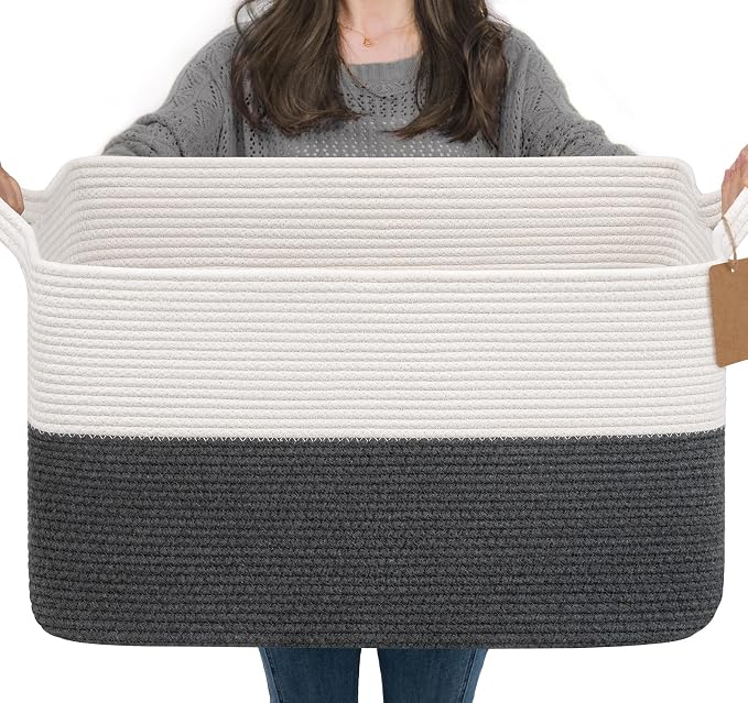 Goodpick 75L Extra Large Woven Rope Blanket Basket, Rectangle, Dark Gray | 22" × 17" × 12" Decorative Storage Basket for Blankets, Toys & Clothes, Fits Living Room, Bedroom & Nursery Organization by Goodpick