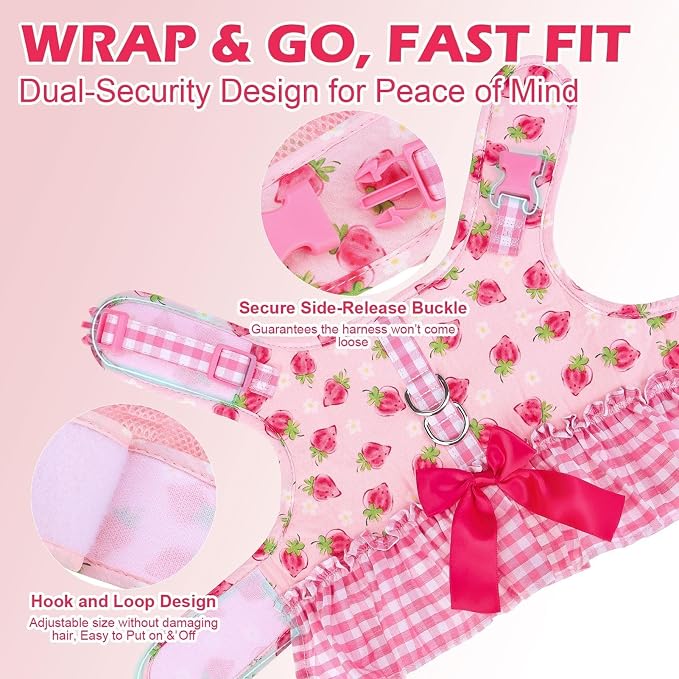 EXPAWLORER Dog Harness Small Medium Sized Dogs, No Choke No Pull Mesh Vest | Strawberry Dog Dress Bowknot Harness & Leash Set Soft Cute Princess Puppy Outfits Clothes Costume for Girls Party Cat Pink XS - Image 6