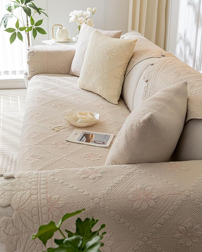 Cotton Quilted Dog Couch Cover for Sofa Farmhouse Rustic Embroidery Sectional Couch Cover Soft Anti-Slip Sofa Slipcover Furniture Protector for Kids, Pets (Khaki,36"x70") - Image 6