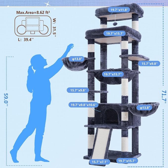 Hey-brother Cat Tree Tower with Extra Large Platform and Basket, MPJ080G | 71.7 Inches Scratching Posts with Specious Condo, 2 Cozy Hammocks, Scratch Board for Indoor Adult Cats, Maine Coon Smoky Gray - Image 2