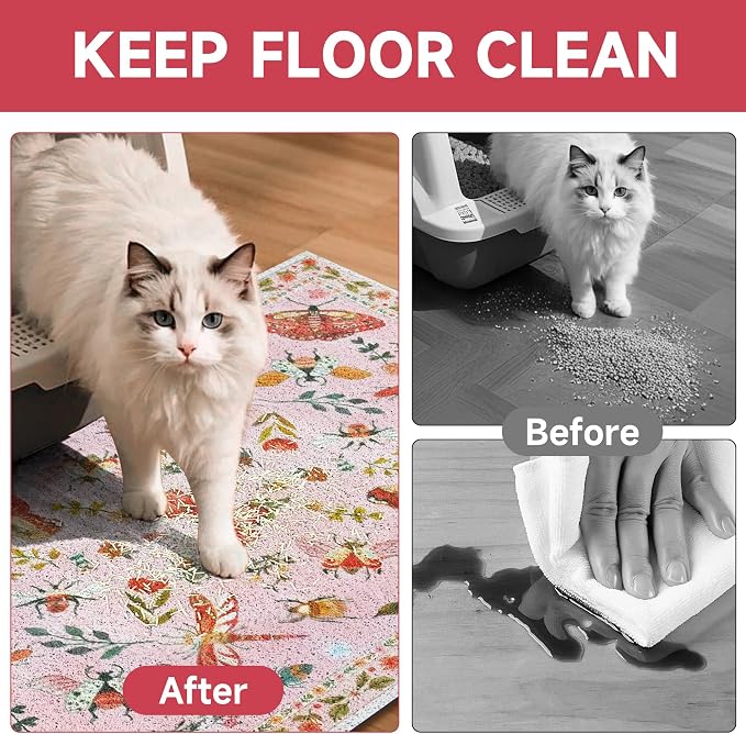Cat Litter Mat, 35" x 23" Litter Mat, Traps 100% Cat Litter, Non-Slip Litter Box Trapping Mat, Cute Decor Mat, Easy Clean for Scatter Control, Waterproof Urine Protection - Image 3