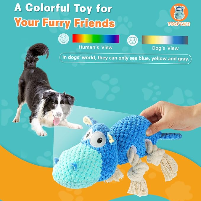 TOOPTATE Hippo Squeaky Dog Toy, Blue, Large | Cute Plush Design, Rope Legs for Tugging, Helps Keep Dogs Busy, Suitable for Small, Medium, and Large Dogs - Image 3