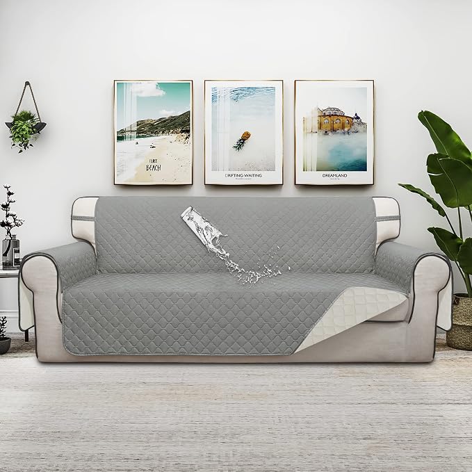 ISSUNTEX Double Protection 100% Waterproof Sofa Covers for Living Room, Reversible Couch Covers for 3 Cushion Couch Sofa, Furniture Protector Sofa Cover for Pets (X Large, Light Gray/Ivory) - Image 2