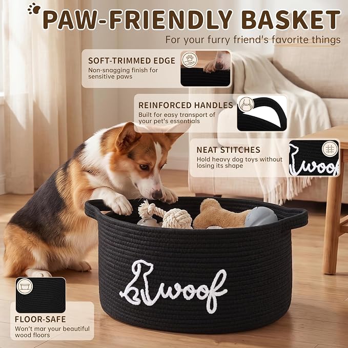 OIAHOMY 22L Large Dog Toy Basket, 16.5"x11.4"x9" Cotton Rope Basket with Cute Woof Embroidery, Soft Woven Pet Toy Box with Handles for Blankets, Leashes & Puppy Accessories, Decorative Organizer Black - Image 4