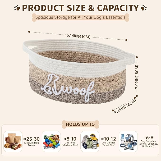 OIAHOMY 14L Large Dog Toy Basket, 16.1"x9.5"x7" Cotton Rope Basket with Cute Woof Embroidery, Soft Woven Pet Toy Box with Handles for Blankets, Leashes & Puppy Accessories, Decorative Organizer Brown - Image 3
