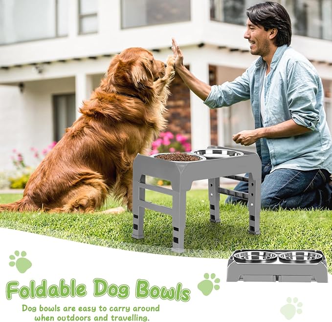 Elevated Raised Dog Bowl Stand with 2 Stainless Steel Bowls, Adjustable Height for Medium Large Dogs, 12.36" - 3.7" Foldable Feeder, Grey - Image 7