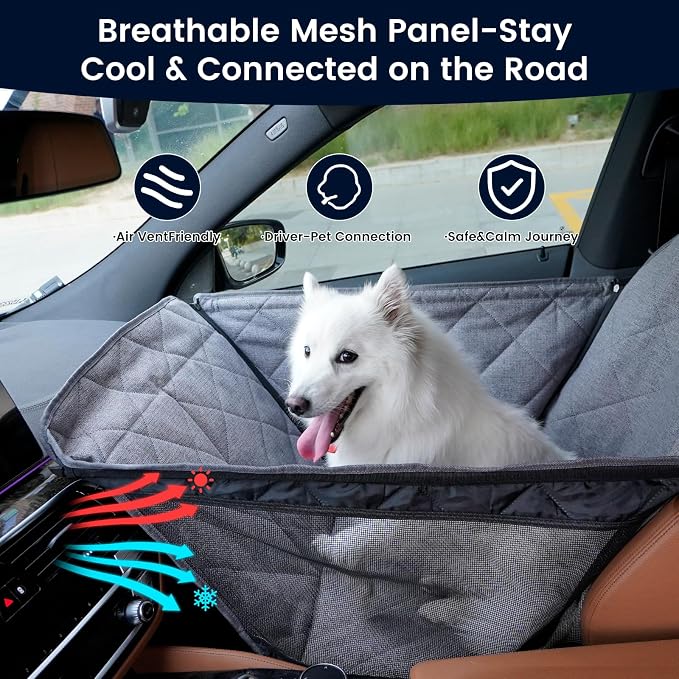 Front Seat Dog Car Seat for Small/Medium Dogs with Door Protection – Full Coverage Waterproof Pet Booster Seat with Mesh Window, Zippered Side Flaps, Safety Buckle, Grey Linen Fabric - Image 6