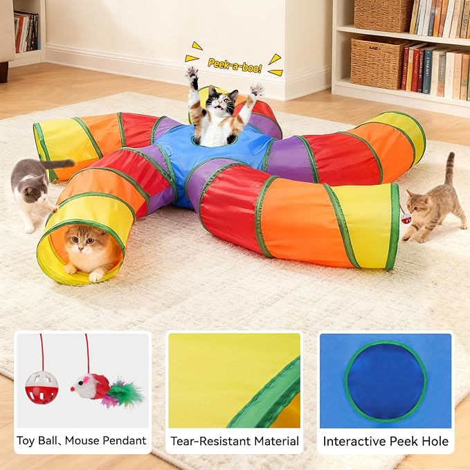 Joytale Cat Tunnel for Multiple Cats, 5-Way Indoor Tube Toy to Chase & Hide | Bell ball & Toy Mouse Included; Peekaboo Hole; Pops Open & Folds Into Zip Bag; Fits Cats to ~12 lb; Kittens & Rabbits Too - Image 4