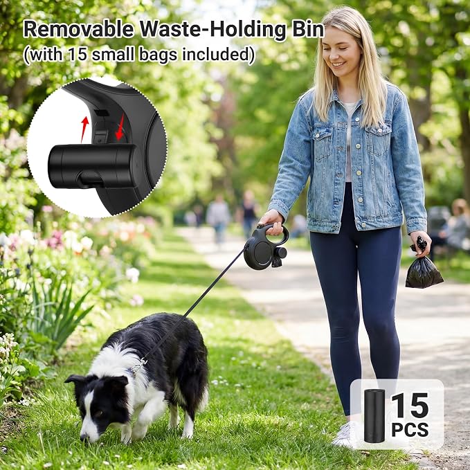 Segarty 16 Ft Retractable Dog Leash with Detachable Poop Bag Holder, 5m Walking Leash for Pets up to 66 Lbs, 360°Tangle-Free Black Dog Lead with Anti-Slip Handle & One-Handed Brake Pause Lock for Dogs - Image 6