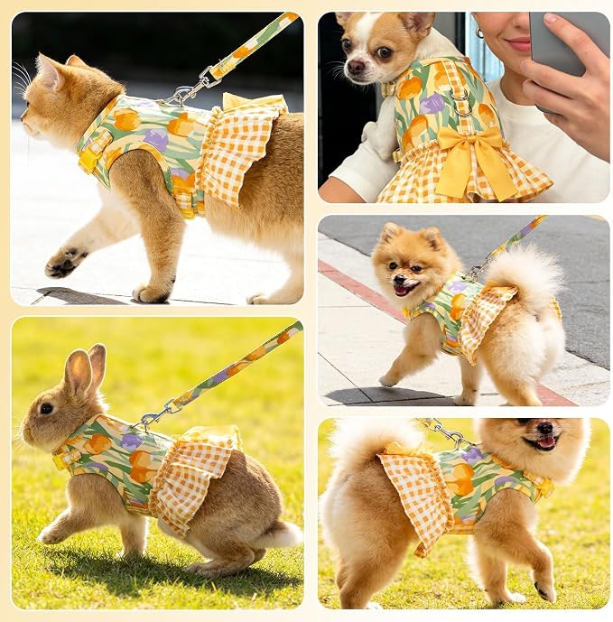 EXPAWLORER Dog Harness Small Medium Sized Dogs, No Choke No Pull Mesh Vest | Tulip Dog Dress Bowknot Harness and Leash Set Soft Cute Princess Puppy Outfits Clothes Costume for Girls Party Cats Yellow S - Image 8