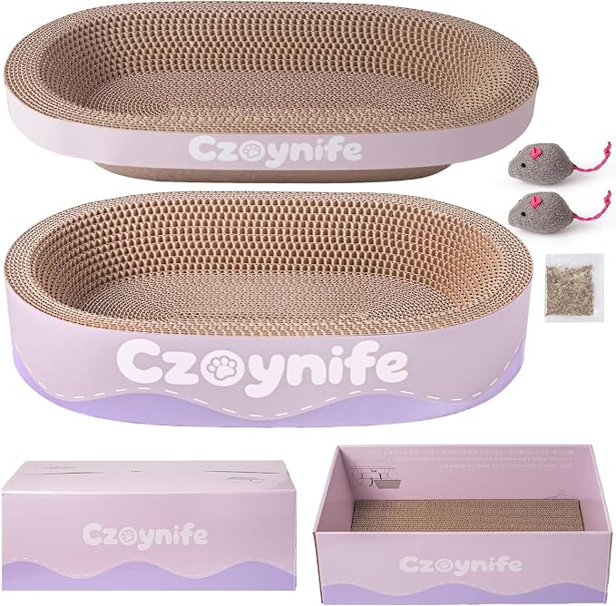 3PCS Cat Scratcher Cardboard, Oval Cat Scratch Pad Bowl Nest for Indoor Cats, Round Cat Scratching Board Corrugated Lounge Cat Bed, Furniture Protector for Couch (Purple, 17 * 11.5 in) by Unknown