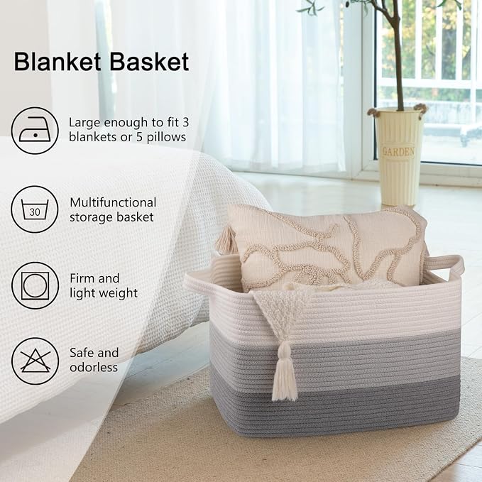 OIAHOMY Woven Blanket Basket Laundry Basket Dog Toy Basket Gradient Grey | Large Storage Basket,Baby Basket,Toy Storage,Woven Rope Basket for Blankets,Blanket Storage for Living Room - Image 6