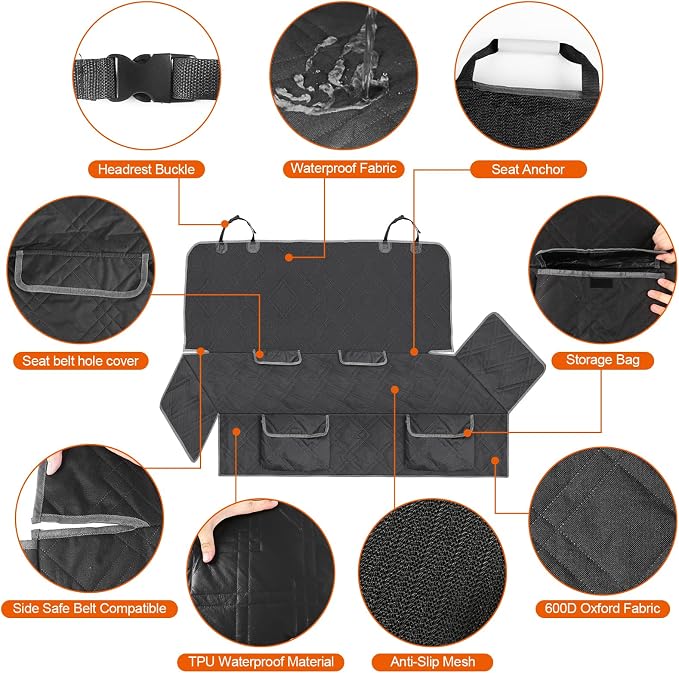 Dog Car Seat Cover for Honda Accord 2012-2025 | Waterproof Pet Bench Seat Cover for Back Seat, 600D Heavy Duty Scratch Proof Nonslip Truck Seat Covers for Dogs - Image 3