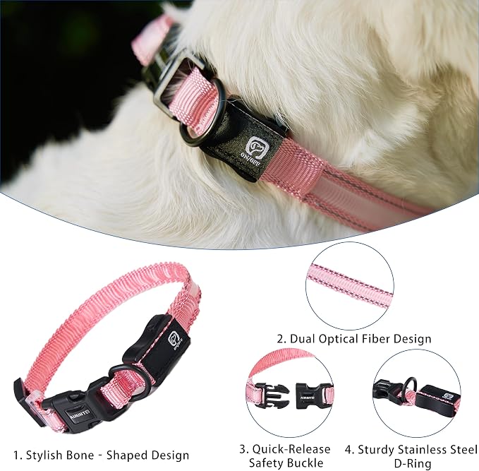 USB Rechargeable LED Dog Collar, Waterproof, Adjustable, Glowing, for Small Dogs, Night Walking, Camping, Jogging, Pink, S (Neck 12-18", Width 5/8") - Image 4