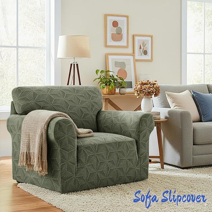 YEMYHOM 1 Piece Stretch Chair Sofa Slipcovers Couch Covers for 1 Seat, Jacquard Armchair Covers with Non-Slip Elastic Bottom, Thickened Furniture Protector for Dogs Pets kids (Small, Army Green） - Image 2