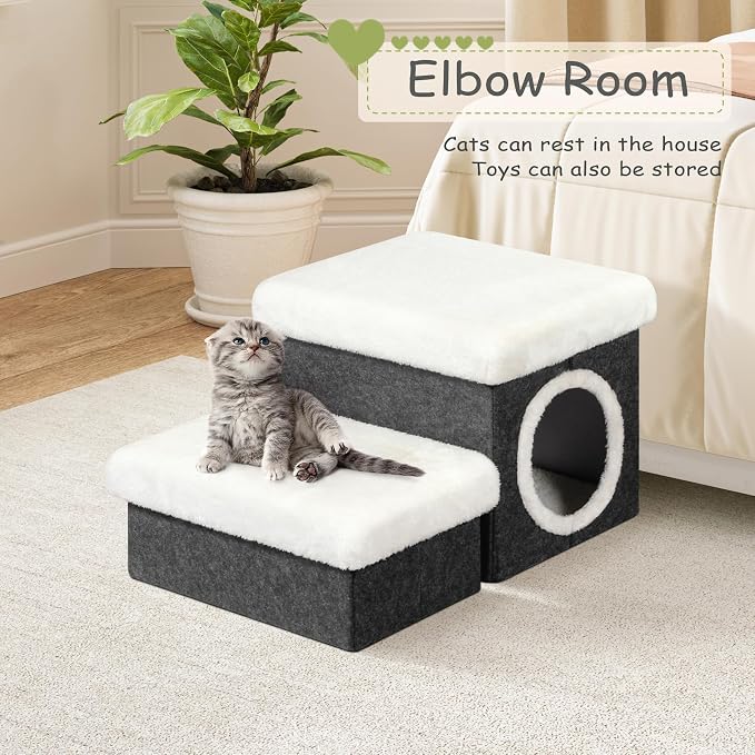 B FSOBEIIALEO Cat House Pet Stairs for Beds Sofa, Foldable Dog Steps 2-Tier With Storage Toy Box, Small Indoor Pet Steps Grey 15.7x12.6x12.6 Inches - Image 4