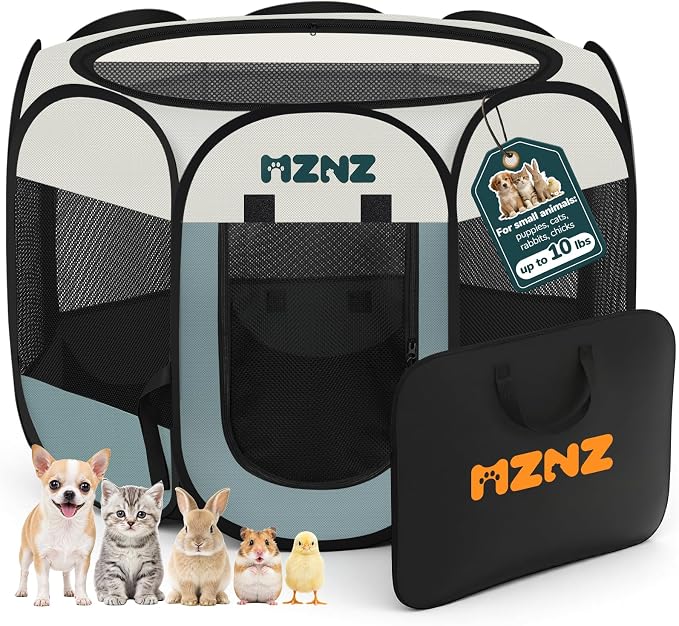 Dog Playpen, Portable Cat Playpen Crate Indoor for Dogs Cats Rabbits, Foldable Small Animal Guinea Pigs Bunny Cage Enclosure for Outdoor, Pop Up Dogs Cats Tent Kennel with Carrying Case, Grey by MZNZ
