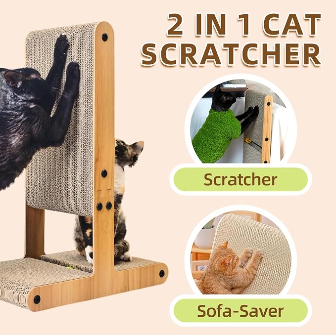 Nekosan Cat Scratcher, T-Shaped Cat Scratcher for Indoor Cats, Double-Sided Cat Furniture Protector, 23.6x16.9x9.6 inch Large, Cardboard Cat Scratcher with Ball Cat Toy - Image 2