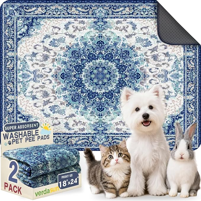 Washable Pee Pads for Dogs, Reusable Puppy Potty Training Pads, Ultra-Absorbent Thick Waterproof Leak-Proof Non-Slip Pads & Mat for Crate, Playpen, Floor, Whelping & Housebreaking , 2 Pack 18"x24" by Verdasun