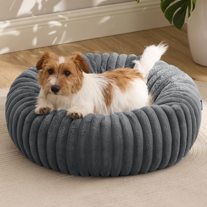 Bedsure ComfyFleece™ Donut Small Dog Bed with Removable Washable Cover | 27x27x8in, Calming Round Cat Beds for Indoor Cats, Support Plush Puppy Bed, Corduroy Fleece,Anti Slip Bottom,Warm Grey by Unknown